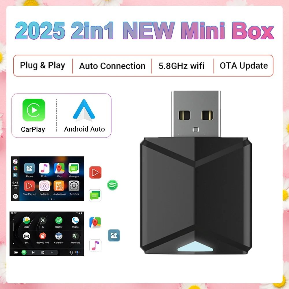 Wired to Wireless CarPlay and Android Auto 2-in-1 Mini Adapter Dongle Universal Bluetooth WiFi Plug and Play