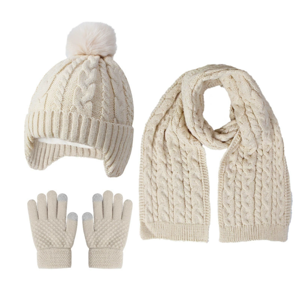 Knitted Thickened Warm Single Set, Girl And Boy Hat Scarf And Glove Set, Stretch Fit Lightweight Winter