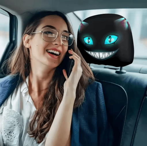 Smiling Cat Car Seat Headrest Pillow Covers – 2pcs Black with Glowing Blue Eyes
