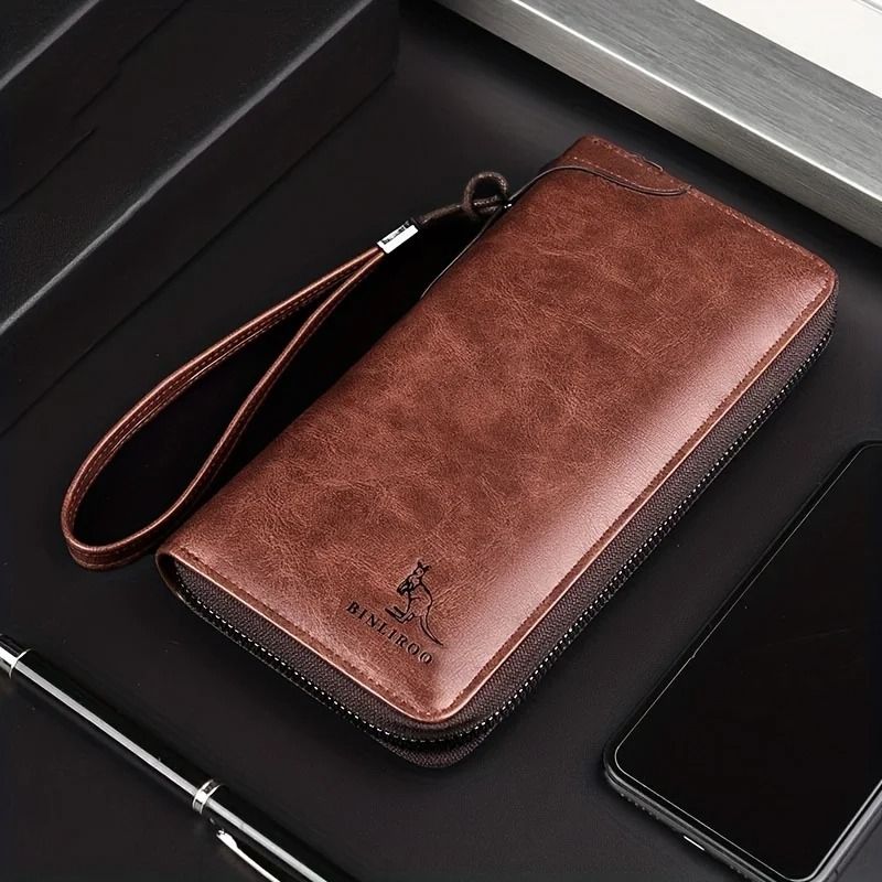 Mens Long Zipper Wallet with RFID Blocking and PU Leather Design