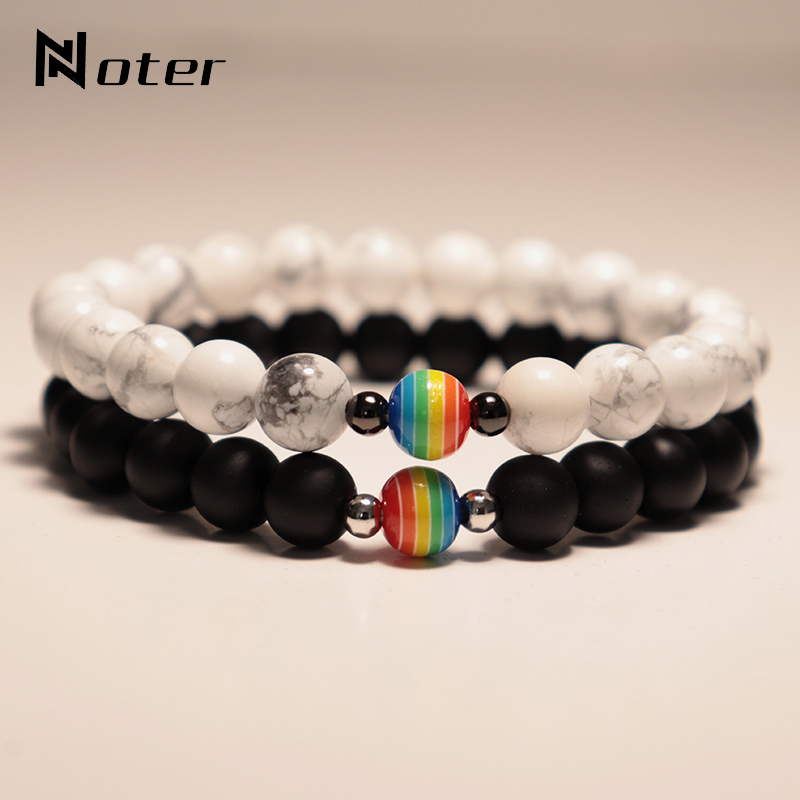 Rainbow LGBT Natural Frosted Stone Bracelet for Male Female Distance Couples Yoga Meditation Armband Jewelry