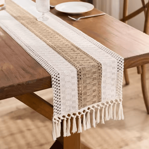 Boho Macrame Table Runner Cream & Brown Farmhouse Tassel Table Decor