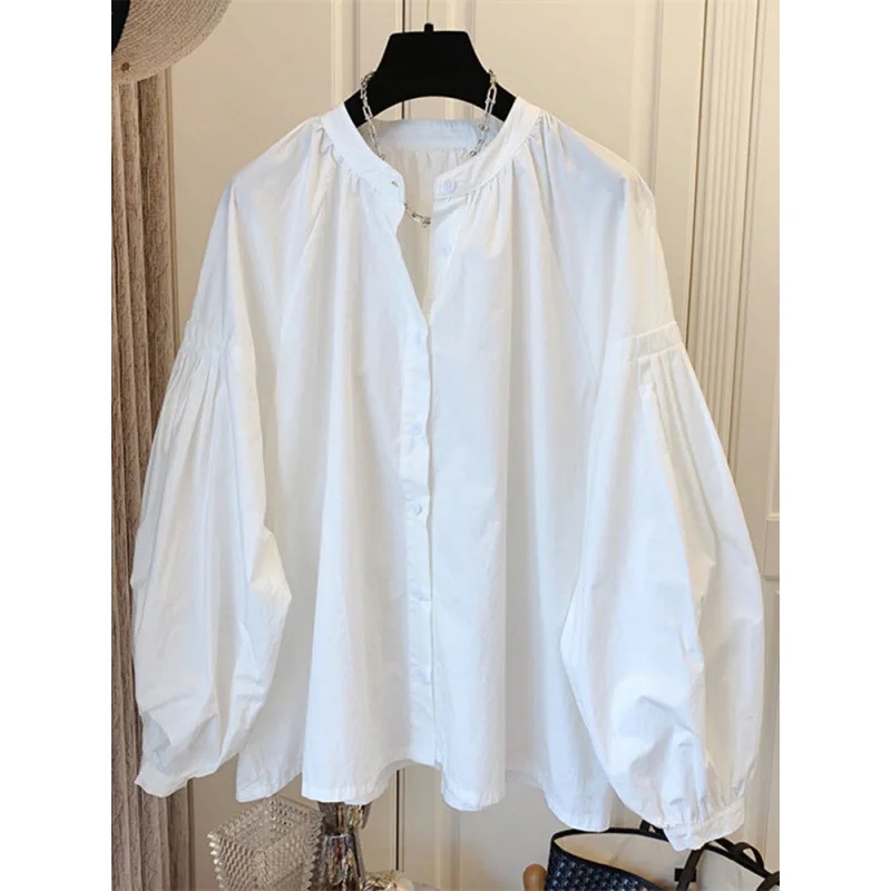 Chic Stand Collar Shirt, Women's Casual Loose Design Button Up Top with Retro Lantern Sleeves