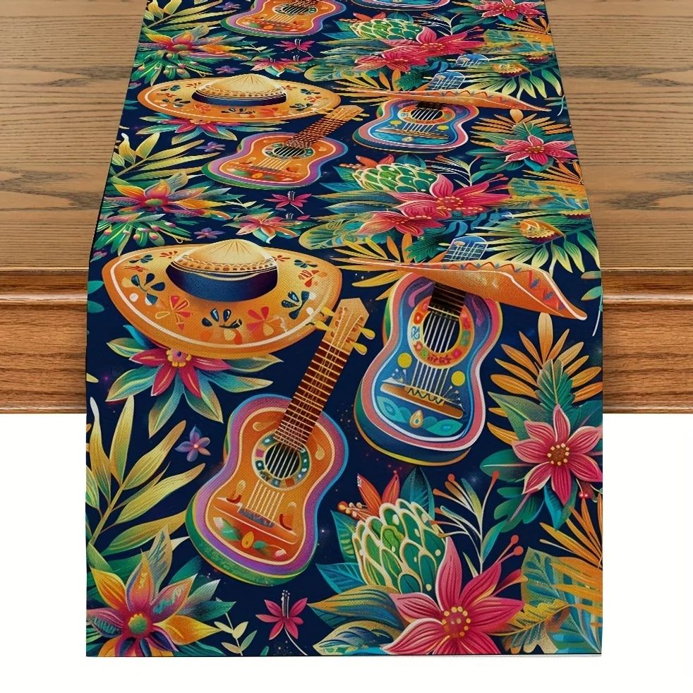Mexican Style Cactus Print Linen Table Runner