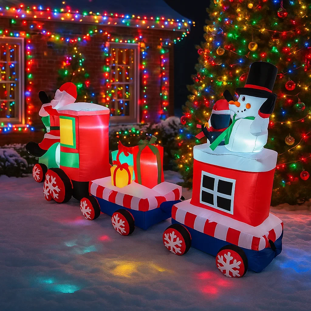 Inflatable Santa Claus Train Toys, Christmas Outdoor Party Decorations, Home Yard LED Lighted Ornaments