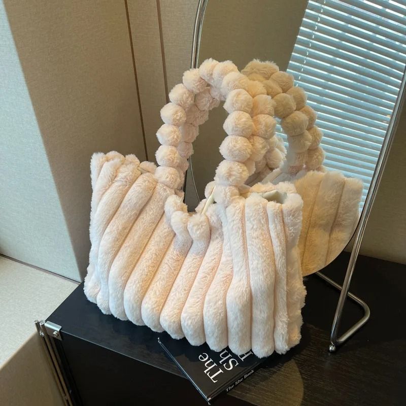 Luxurious Plush Tote Bag Striped Faux Fur Shoulder Handbag