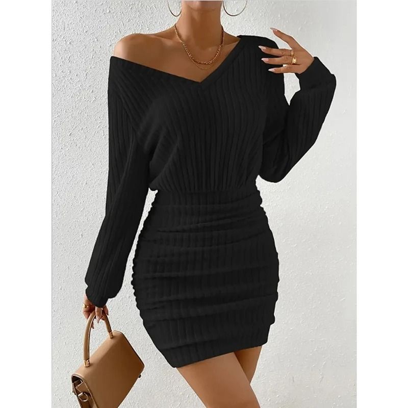 Women's Autumn Winter Knitted V-Neck Wrap Sweater Dress Casual Bodycon Mini Robe