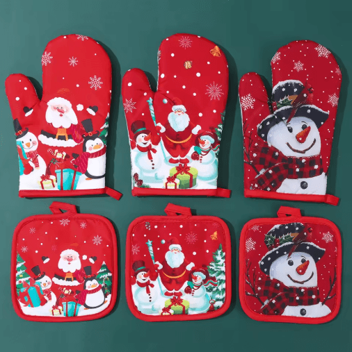 Festive Christmas Oven Gloves Heat Resistant Holiday Kitchen Mitts