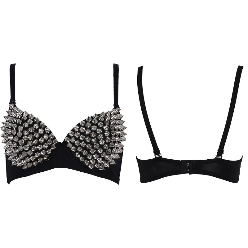 Silver Rivets Punk Rave Bralette Lingerie, Gothic Bra Top, Sexy Push Up Brassiere, Nightclub Party Fashion Hot Bras