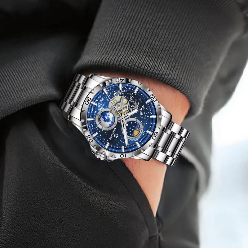 GLENAW Rotating Earth Automatic Mechanical Watch – Double Second Hand Men's Luxury Wristwatch with Starry Sky Dial and S