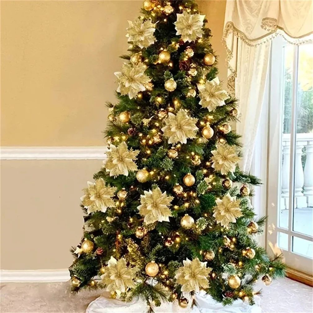 Glitter Christmas Flower Tree Ornaments – Artificial Poinsettia Decorations for Holiday Home Decor