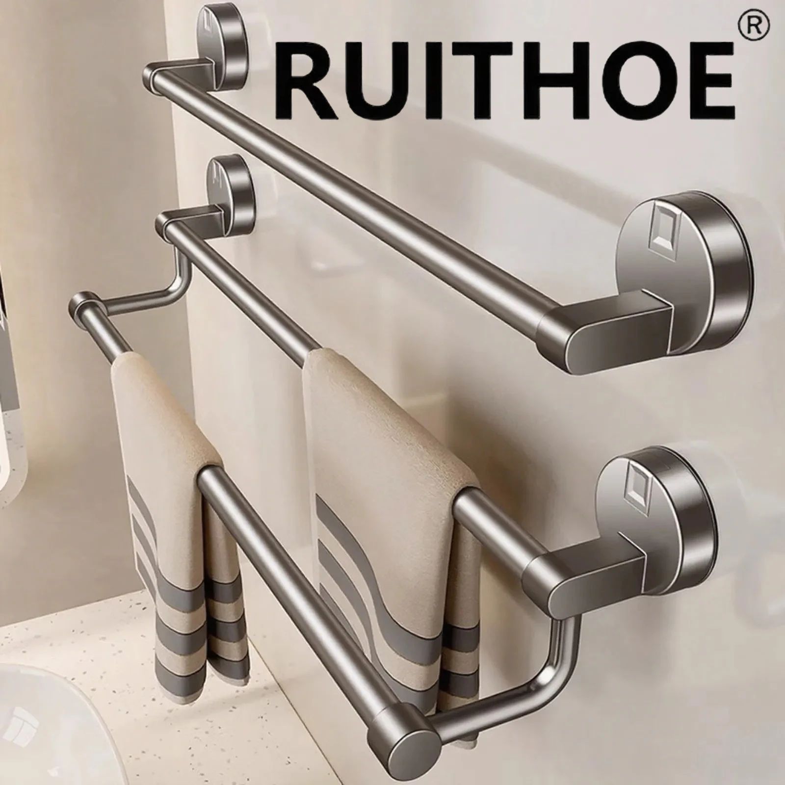 Suction Cup Towel Rack Wall Mount – No Drill Double Bar Bathroom Organizer (30/40/50cm)