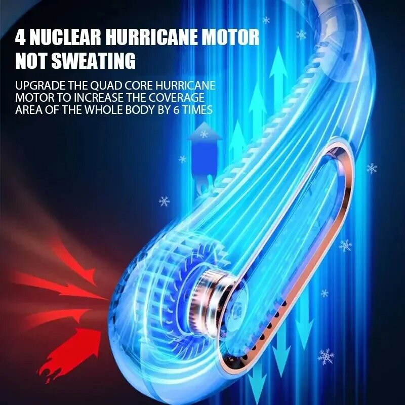 USB Rechargeable Silent Fan, Portable Cooling Neck Fan, Free Hanging Neck Leaf Fan with LED Battery Level Display