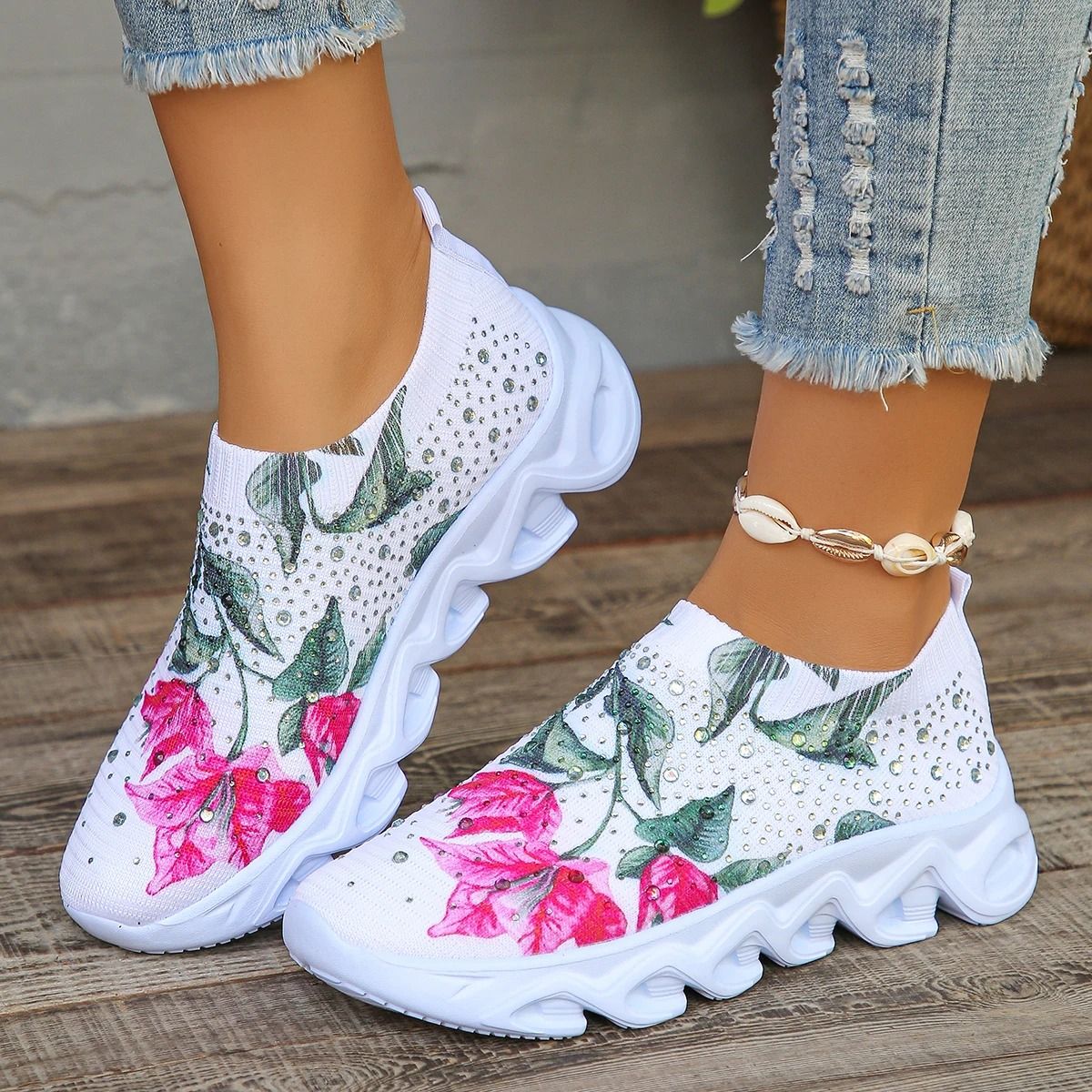 Crystal Floral Knitted Sneakers – Breathable Mesh Lightweight Walking Shoes for Women