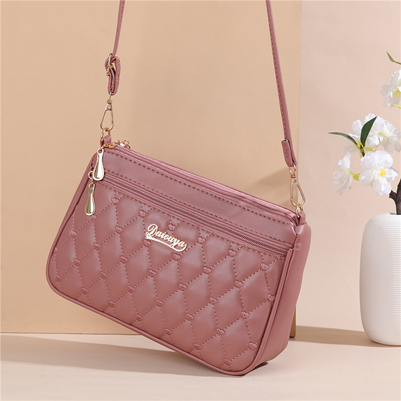 PU Leather Crossbody Bag, Quilted Heart Embroidery, Large Capacity Zipper Shoulder Purse for Women
