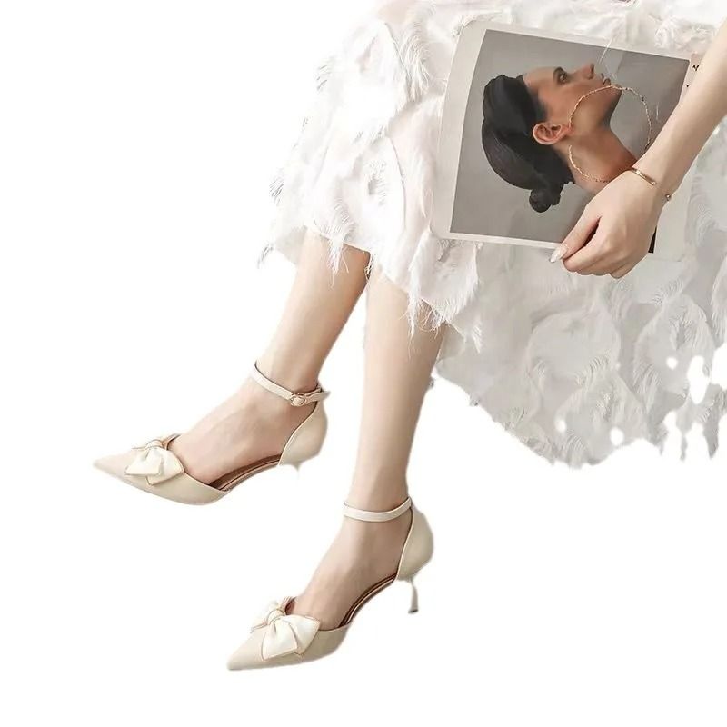 Elegant White Pointed Toe Butterfly Heels Medium Stiletto Wedding Pumps