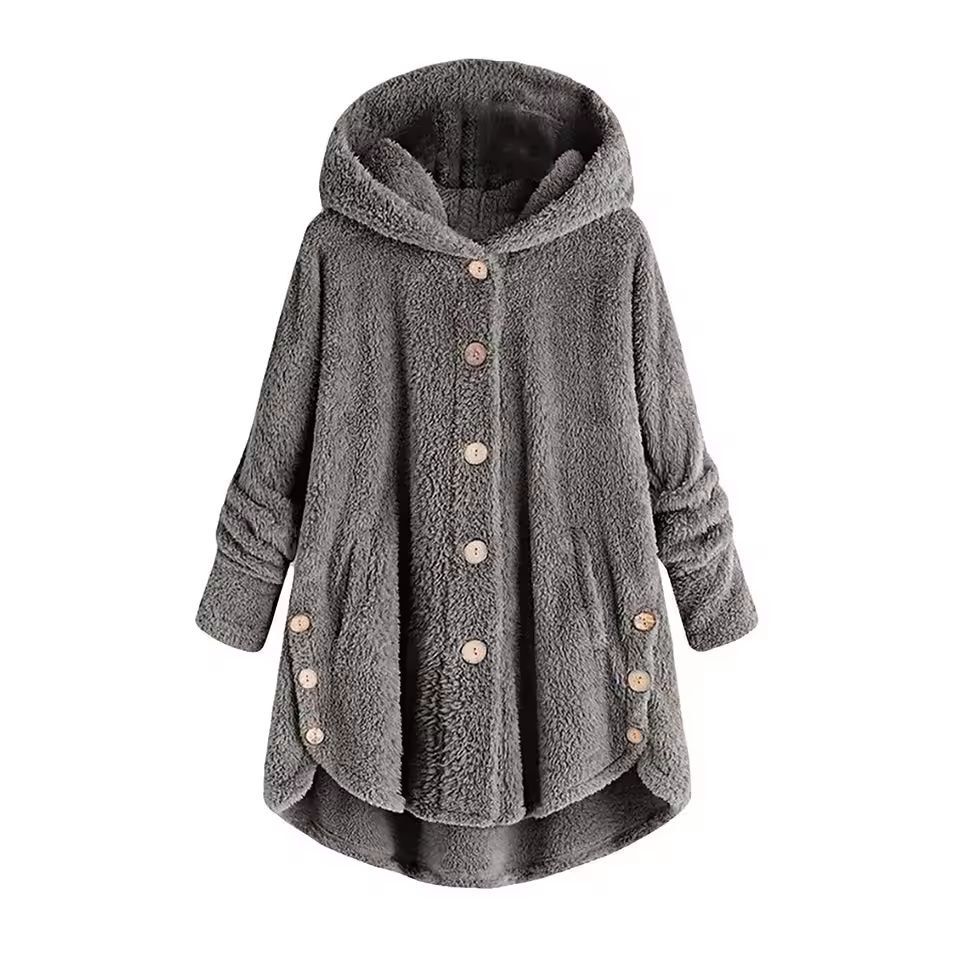 CosyHood Wool Blend Hooded Womens Coat, Warm Autumn Winter Solid Colour Plush Jacket