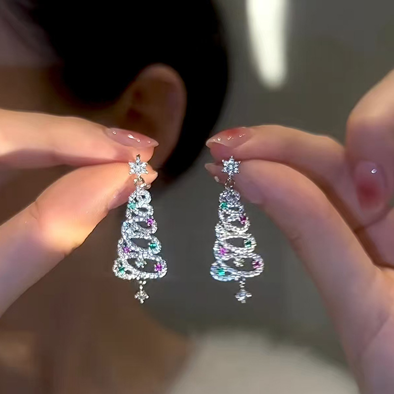 Rhinestone Zircon Xmas Tree Drop, Christmas Tree Earrings For Women, New Year Earrings