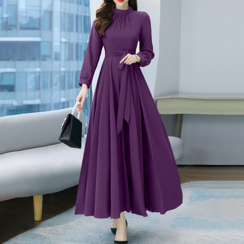 Women Long Sleeve A-line Sundress Vintage Robe, Spring Long Dress Autumn Solid Party Holiday Maxi Dresses