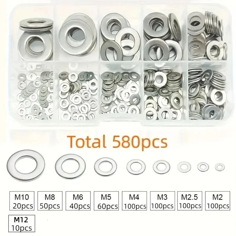304 Stainless Steel Flat Washers Assortment Set 360 to 580 pcs for Home Factory Repair and Workshops