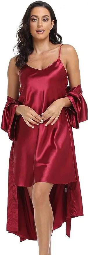 Silk Satin 2-Piece Pajama Set – Professional Sexy Silky Pj Robe with Chemise Nightgown