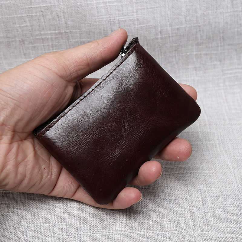 Handmade Leather Mini Coin Purse, Unisex First Layer Cowhide Zipper Wallet, Portable Retro Small Key Holder Pouch