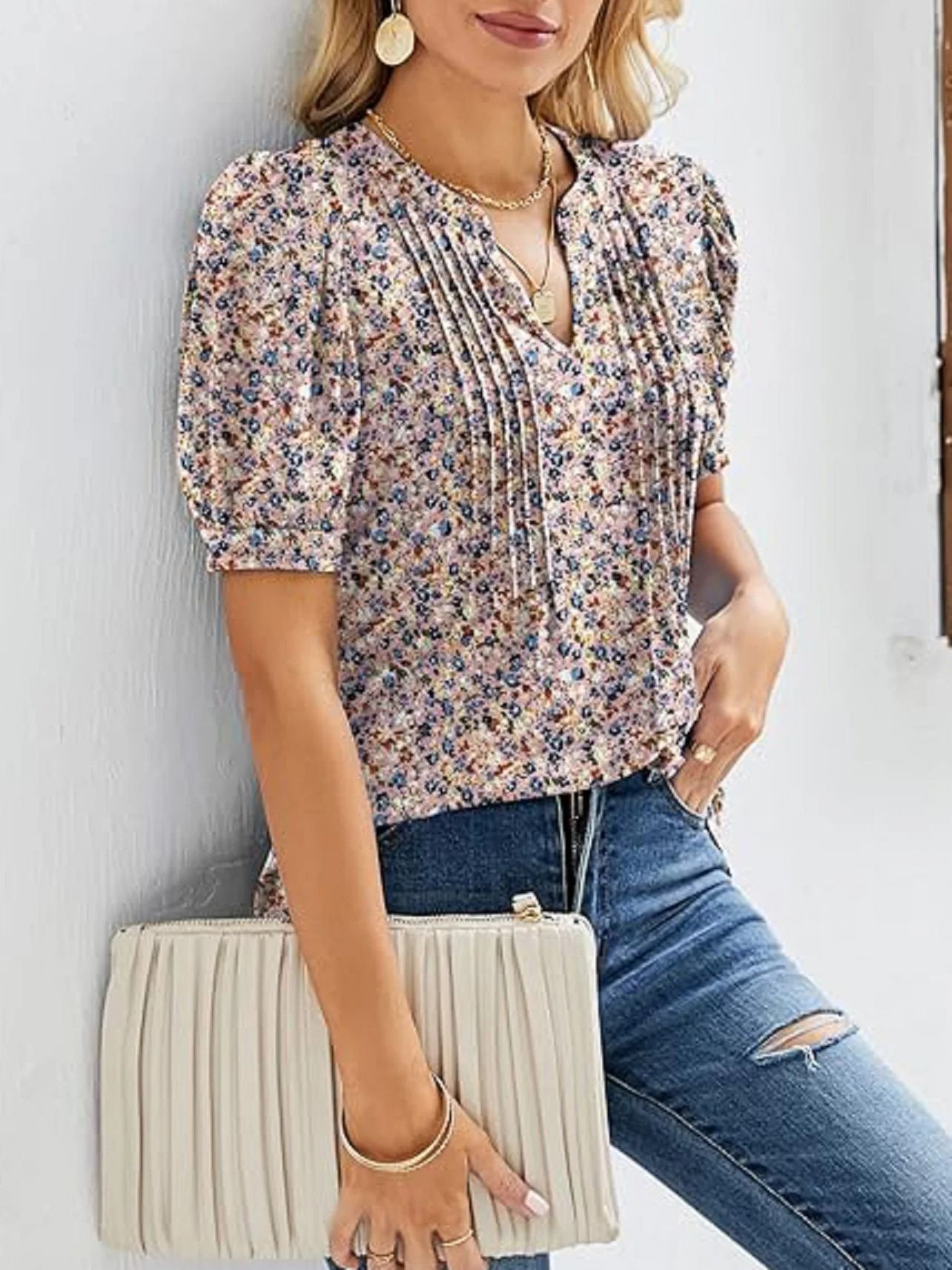 Women V Neck Puff Pleated Summer Tunic Blouse Casual Work Top