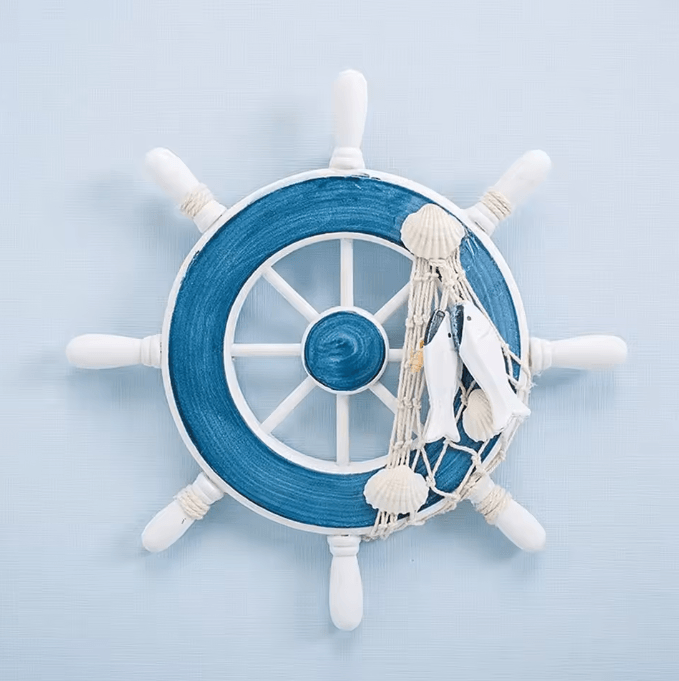 CoastalCharm 9-Inch Wooden Ship Wheel Wall Decor with Fishing Net for Beach-Themed Home Styling