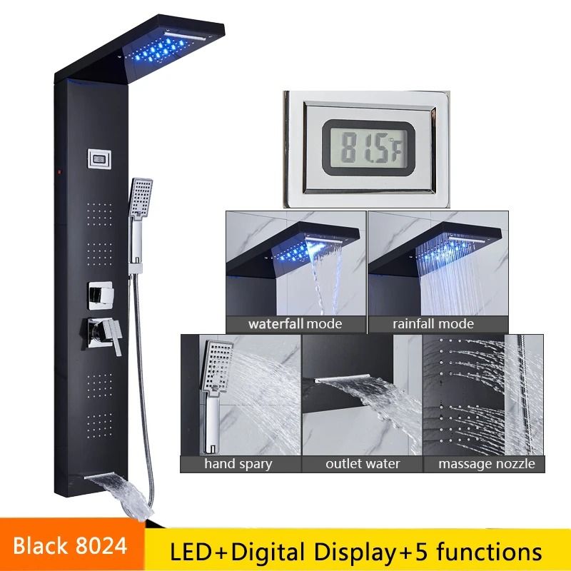 LED Rainfall Shower Panel with Digital Display and Massage Jets