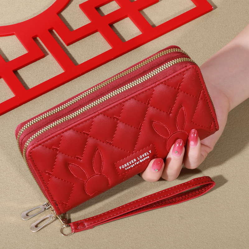 Women's Faux Leather Card Holder, Trendy Solid Color Long Wallet, Double Zippers Clutch Coin Purse With Wristband
