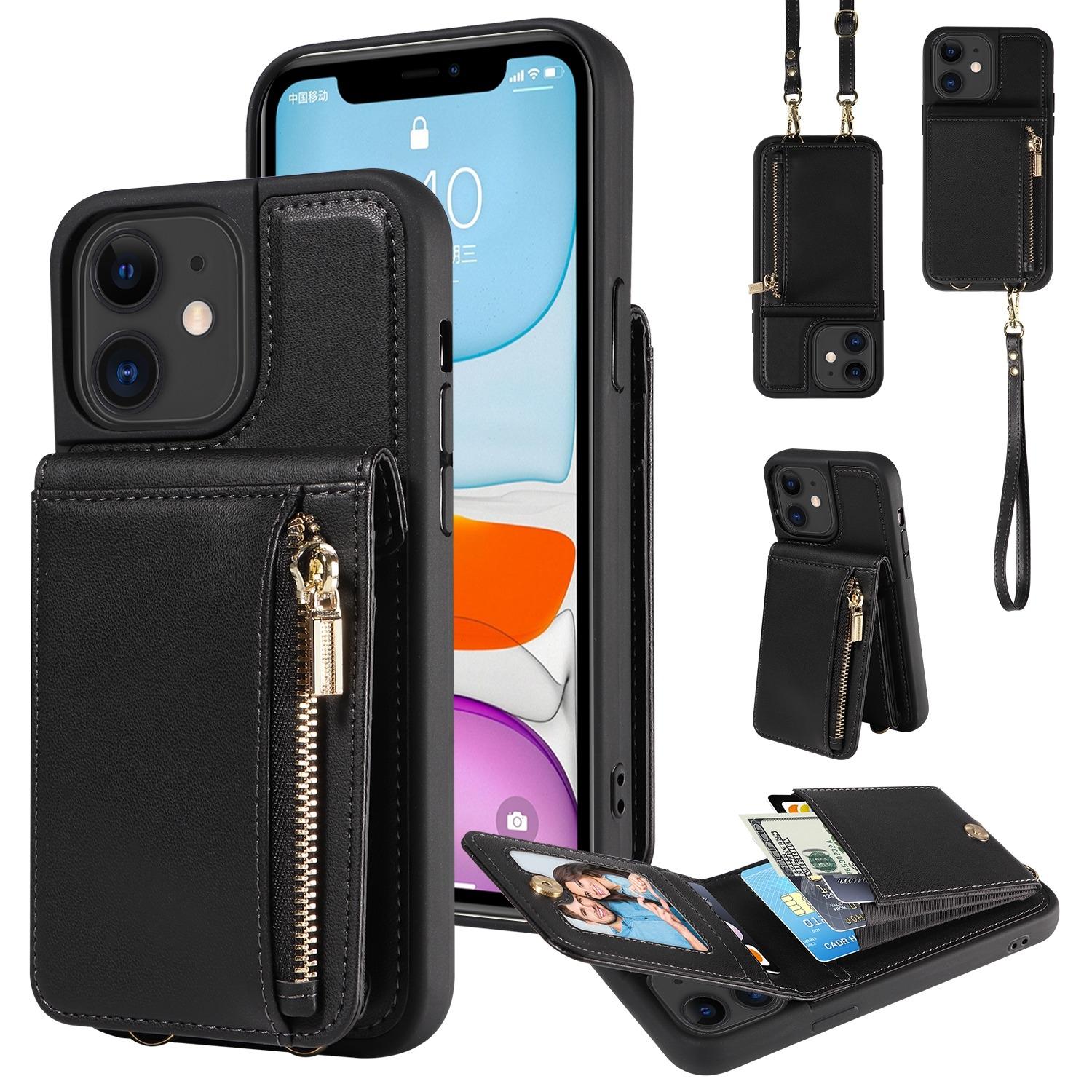 Leather Crossbody iPhone Wallet Case with Zipper Pocket & Lanyard Strap