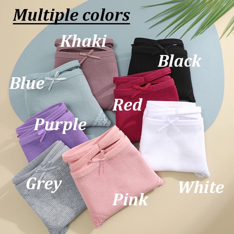 Women's 3-Piece Cotton Low-Rise Lace Brazilian Panties Set Breathable Soft Underwear S-XL