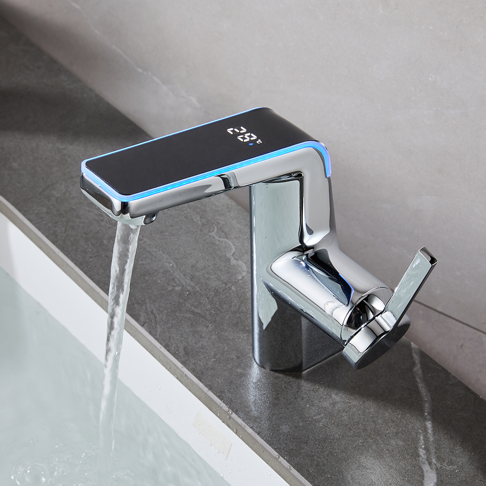 Smart LED Bathroom Sink Faucet with Temperature Display and Pull Out Sprayer