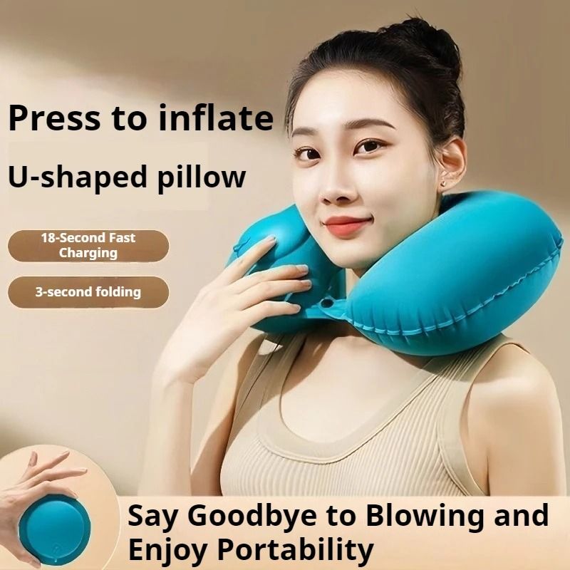 U-shaped Flocking Inflatable Neck Pillow Portable Compression Travel Pillow for Outdoor Camping and Hiking