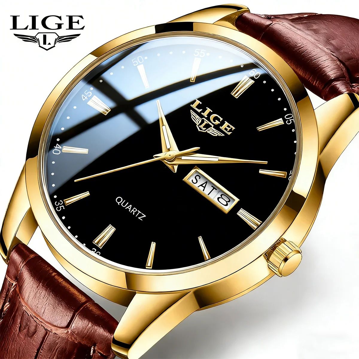 LIGE Executive Waterproof Men's Leather Quartz Watch with Luminous Date & Week Display