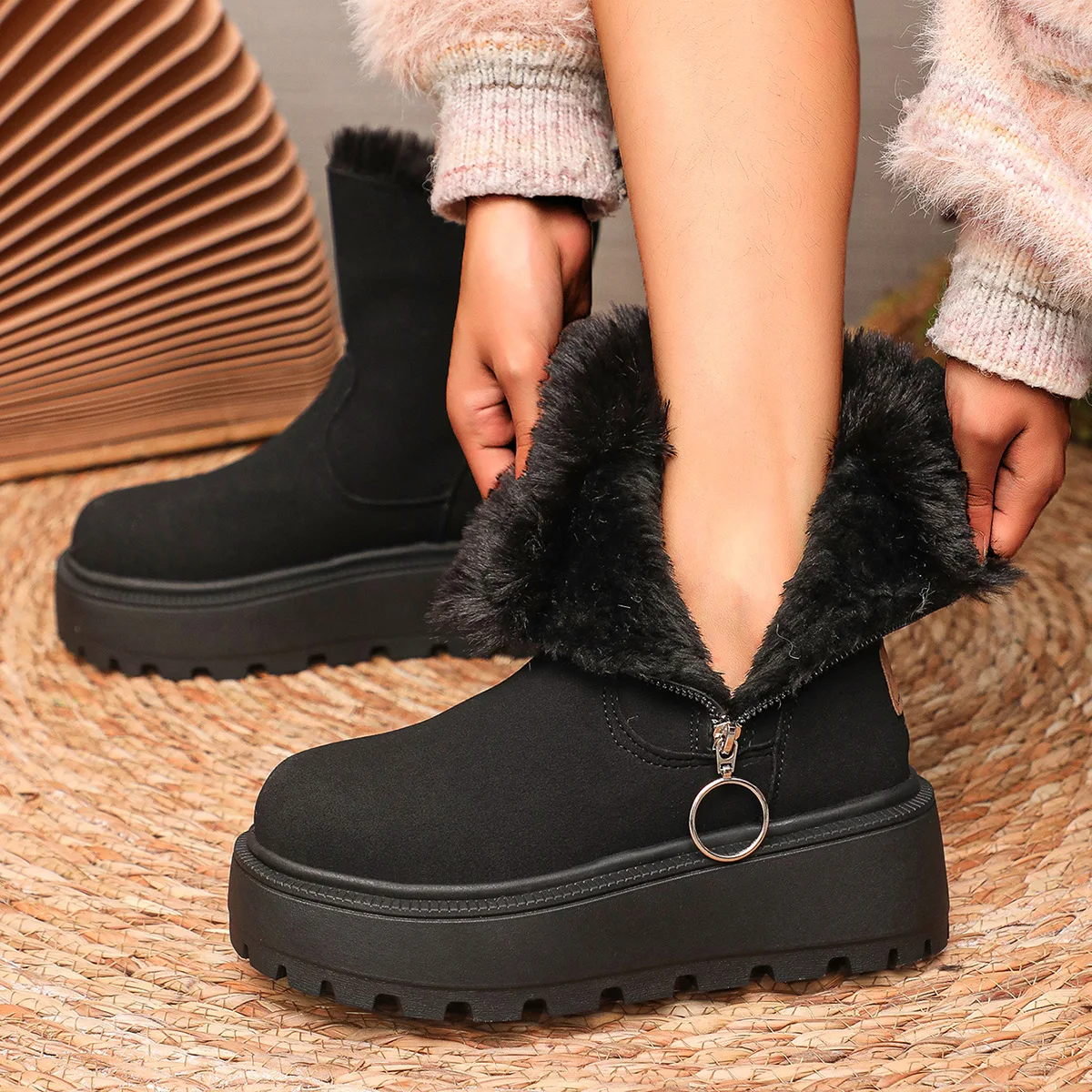 Hot Sale Women's Winter Snow Boots, Thick Bottom Side Zipper, Fleece Lined Short Boots, Korean Style Warm Cotton