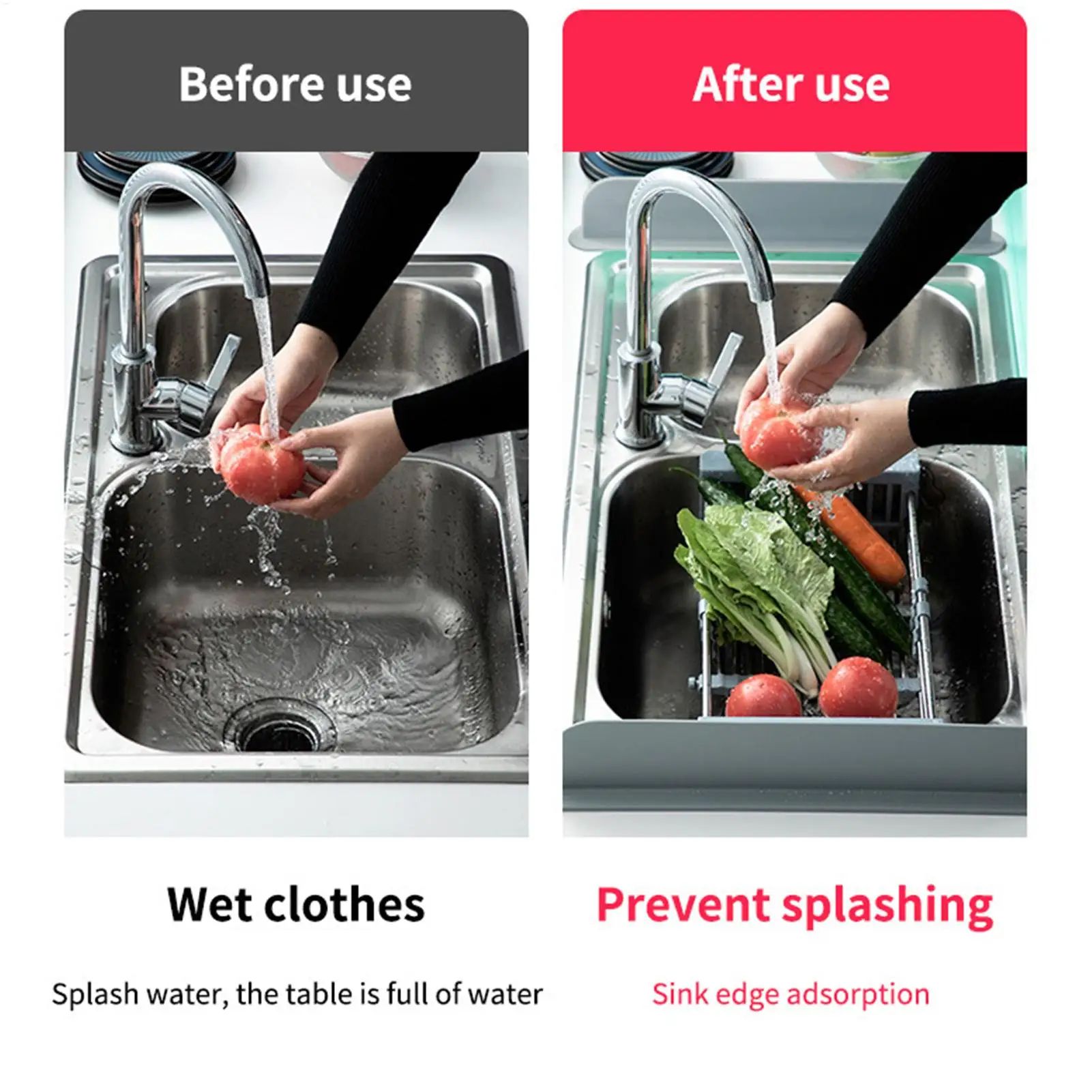 Silicone Kitchen Sink Splash Guard Water Barrier with Non Slip Adhesive Base