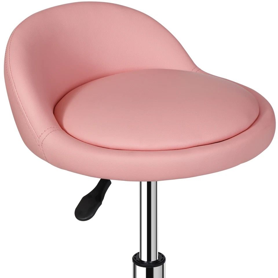 Adjustable PU Leather Rolling Stool, Pink Swivel Salon Chair with Cushion Backrest, Comfortable & Durable for Beauty