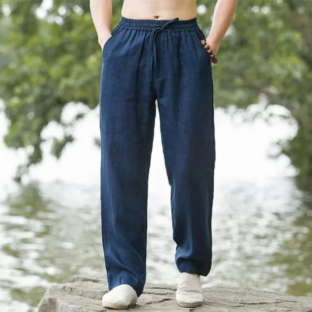 Men Summer Cotton Linen Beach Pants Casual Loose Joggers