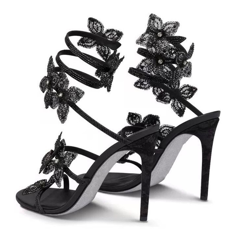 Sexy Crystal Flower Thin High Heels, Narrow Band Women Sandals, Ankle Strap Street Style Pole Dancing Ladies Shoes