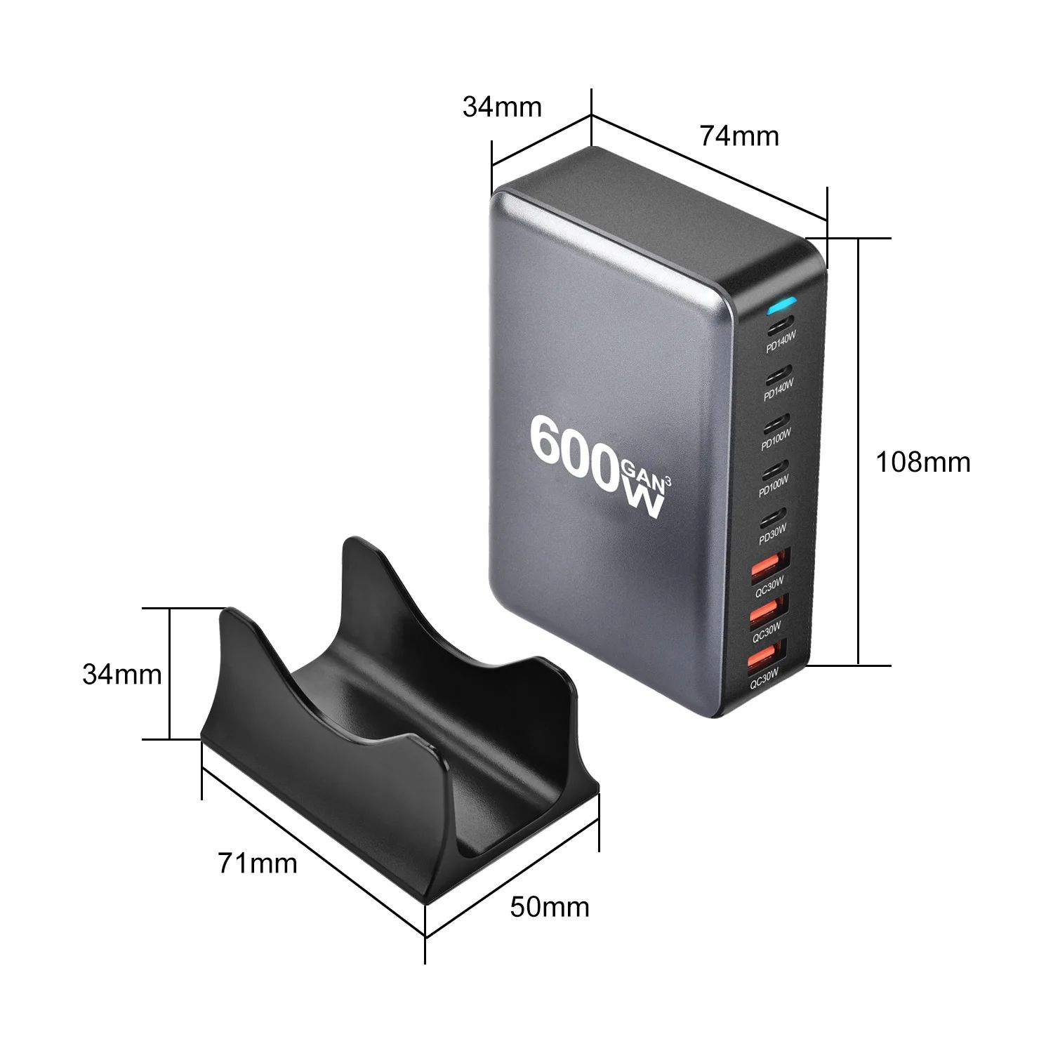PowerCharge Pro 600W 8-Port GaN USB-C Fast Charger Station