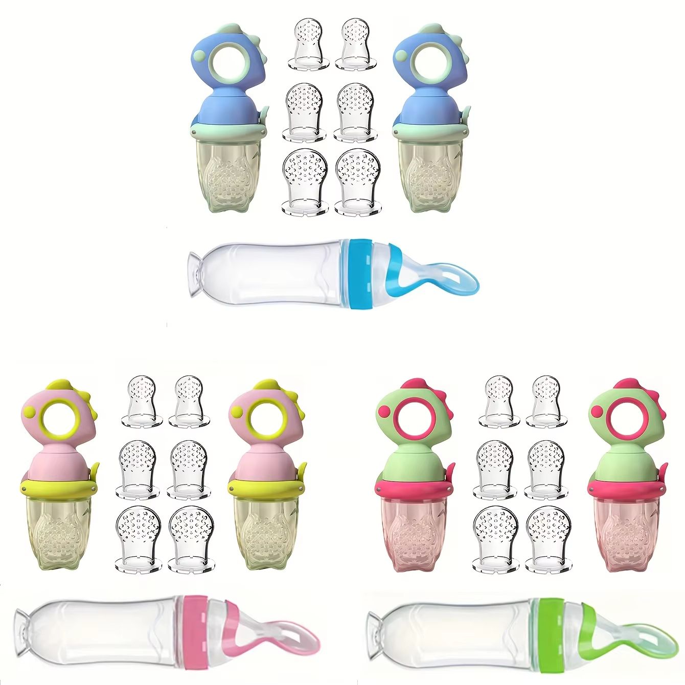 9-Piece Silicone Baby Feeding Set with Dinosaur Rotating Fruit Feeder, Squeeze Bottle and S/M/L Silicone Bags