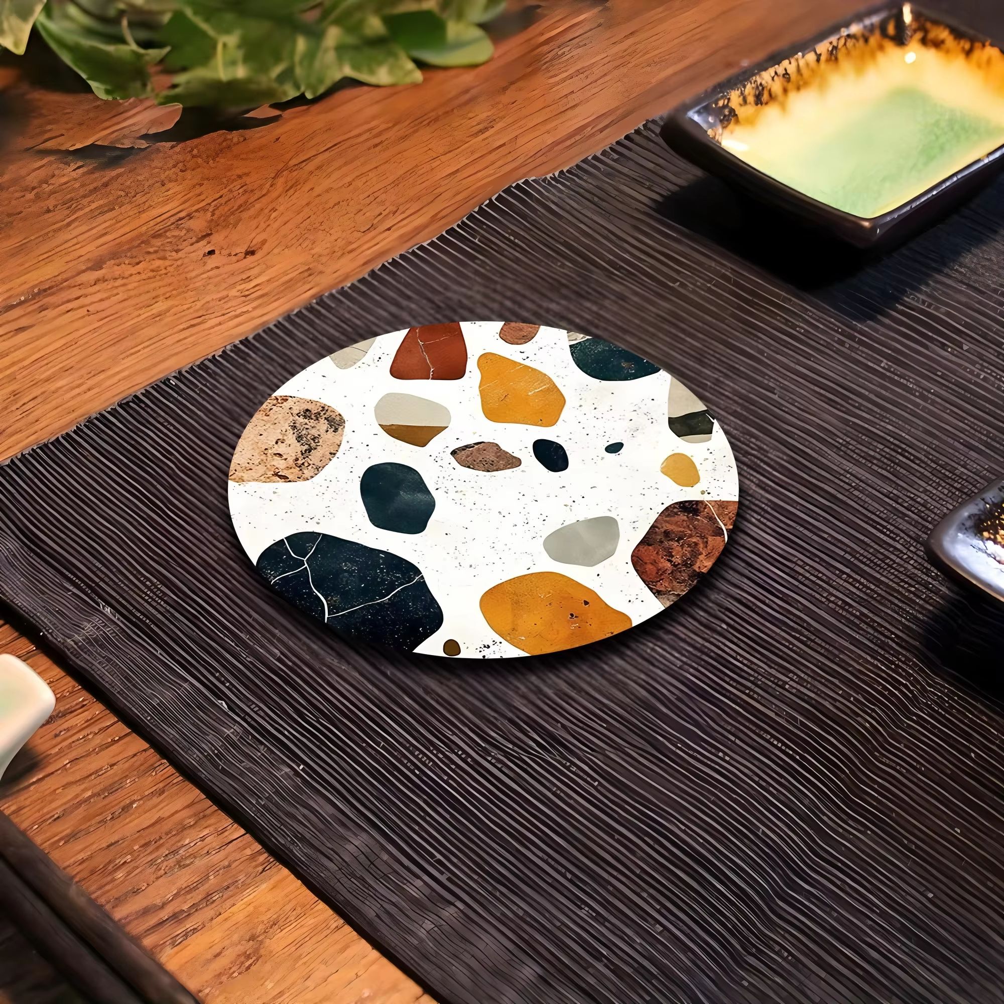 Stone Pattern Wooden Coaster Set – 6-Piece Heat Resistant Table Protection Mats