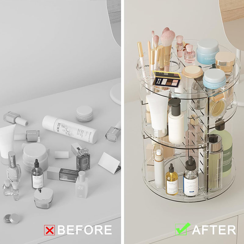 360° Rotating Makeup Organizer, Cosmetic Display Case with Brush Holder & Perfume Tray Storage Carousel for Vanity