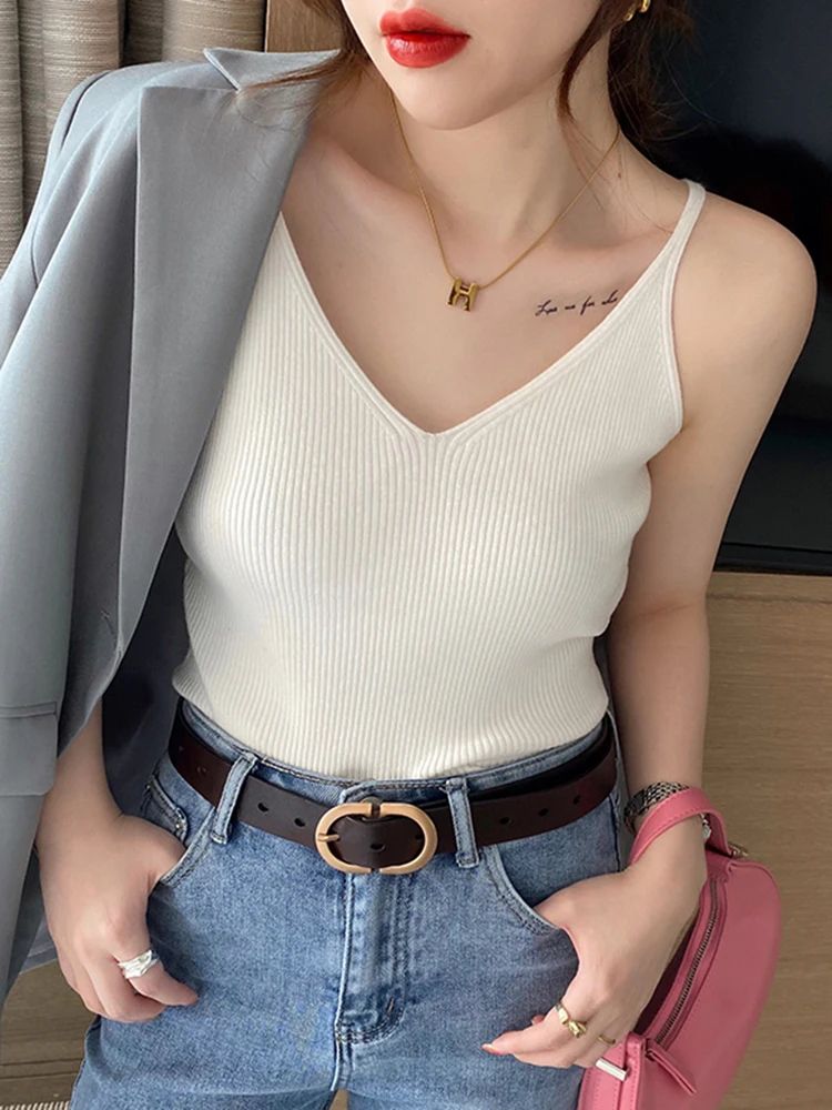Korean V-Neck Knitted Suspender Crop Camisole – High Stretch Summer Basic Tank for Women
