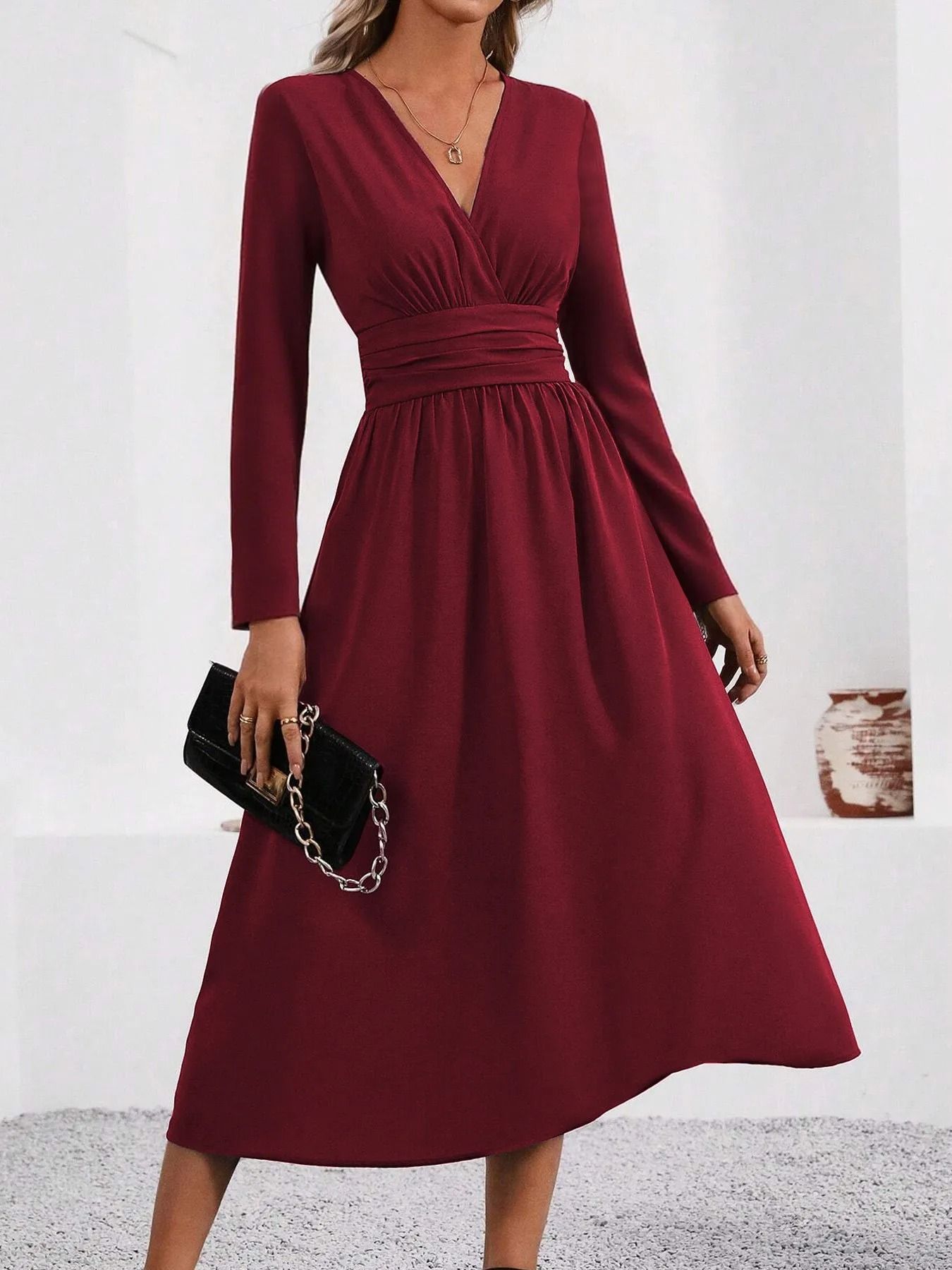 Elegant Overlap V-Neck Knit Bodycon Maxi Dress
