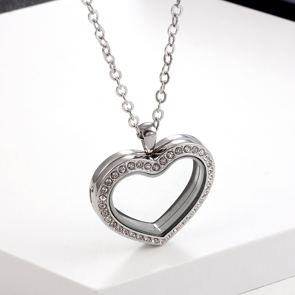 Stainless Steel Living Glass Locket, Peach Heart Floating Charm, Magnetic Closure Chain Necklace