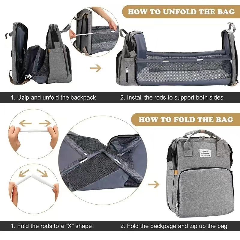 Fold able Bed Diaper Bag with Changing Station, Insulated Pocket, Large Capacity, Multi-Functional Double Shoulder
