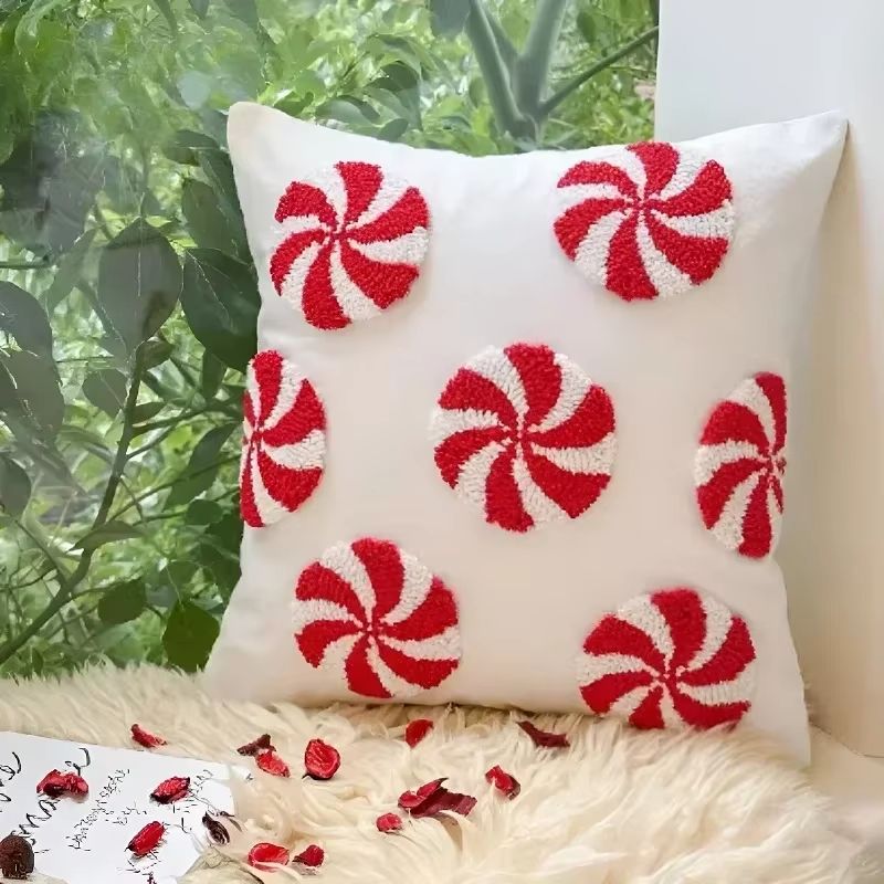 Christmas Plush Pillowcase with Hat and Candy Cane Pattern Hidden Zipper Holiday Decor Cover