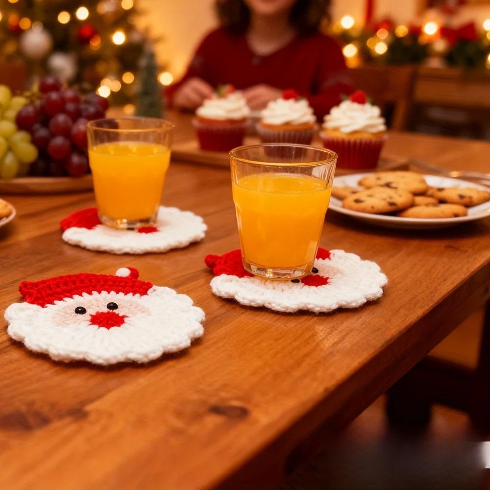 Handmade Crochet Santa Claus Holiday Coasters Set